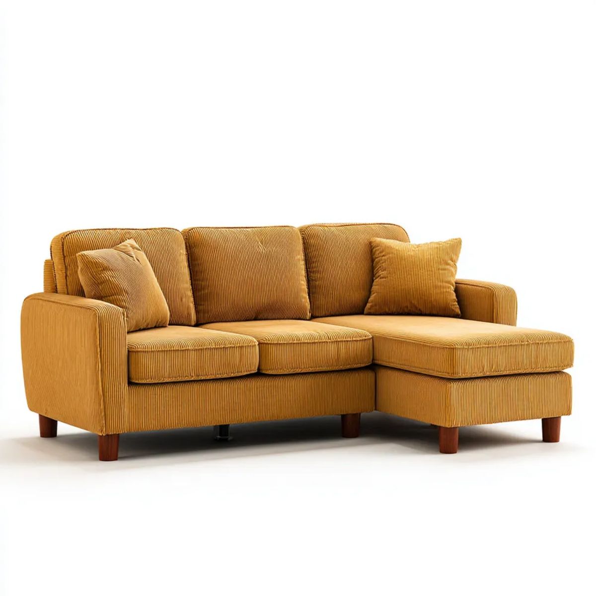Sofa narożna w kształcie L z prawostronnym szezlongiem, musztardowo-brązowa, ze sztruksu, 250 × 160 × 85 cm