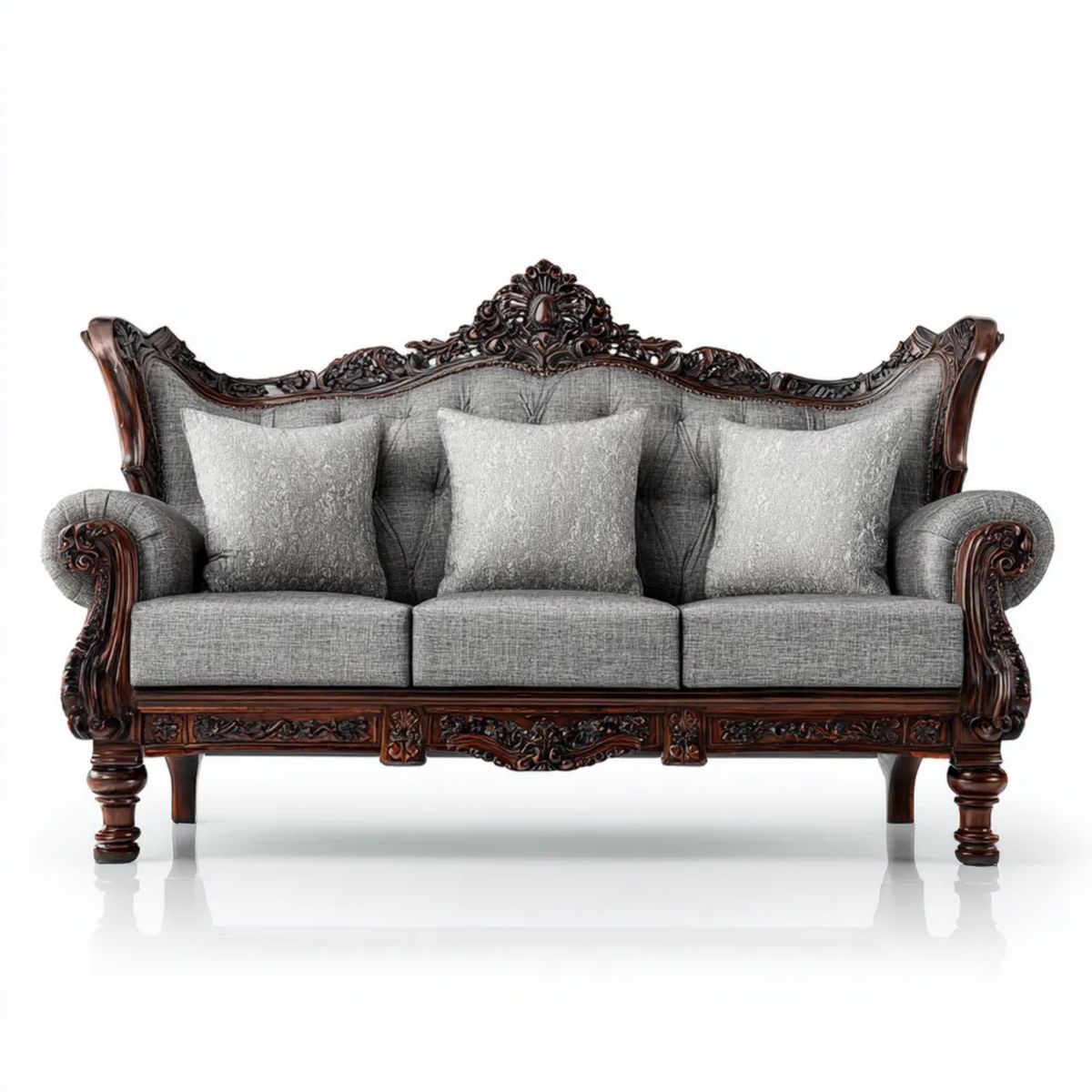 Trzyosobowa sofa klasyczna szara z drewna i poliestru, 225 x 90 x 120 cm