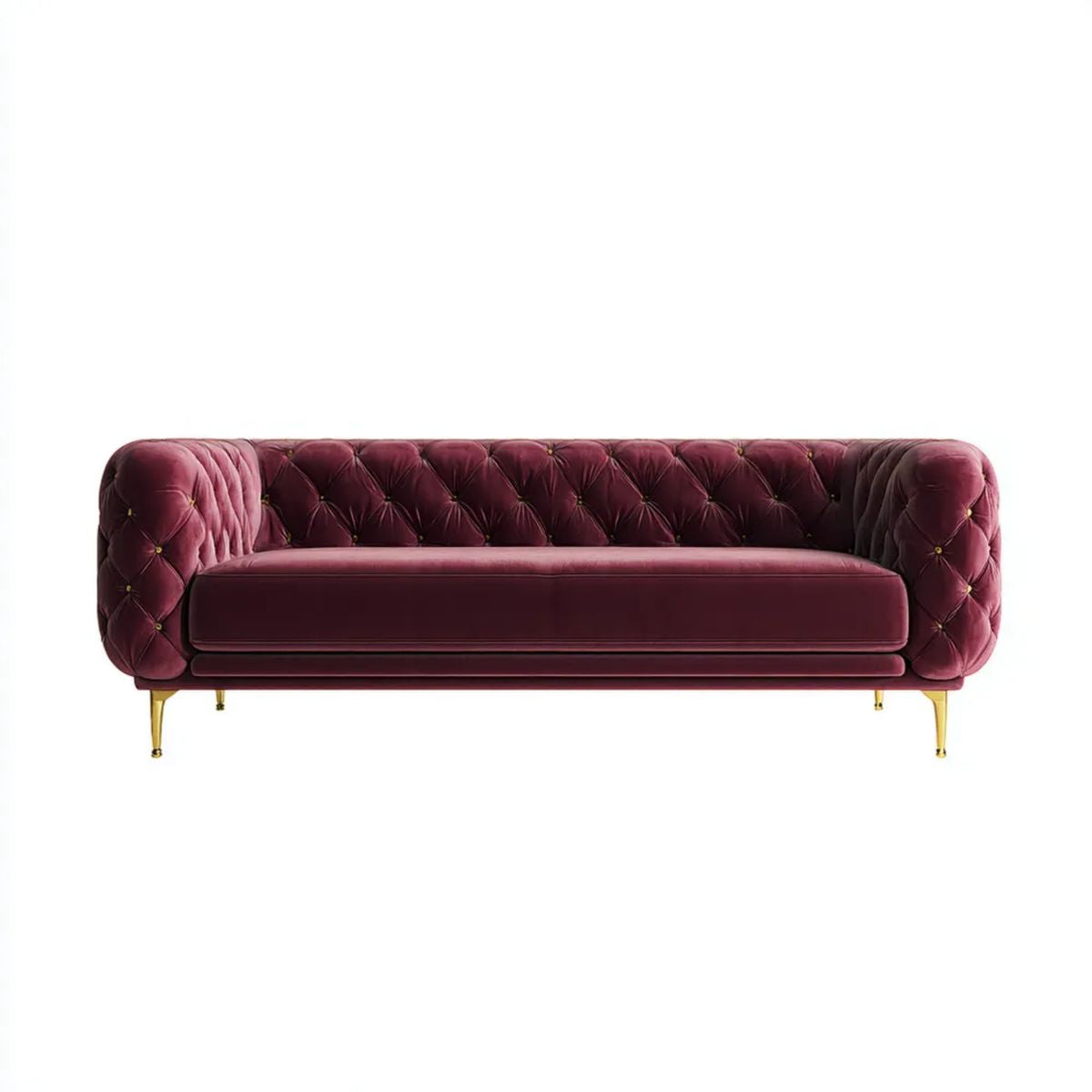 Trzyosobowa sofa z aksamitu bordowo-złota, pikowana, 220 × 90 × 75 cm