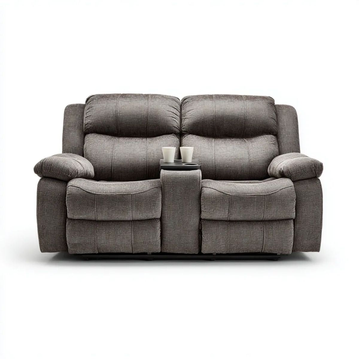 Ciemnoszara dwuosobowa sofa rozkładana z tapicerką poliestrową, konsolą i uchwytami na napoje, 180 x 95 x 105 cm