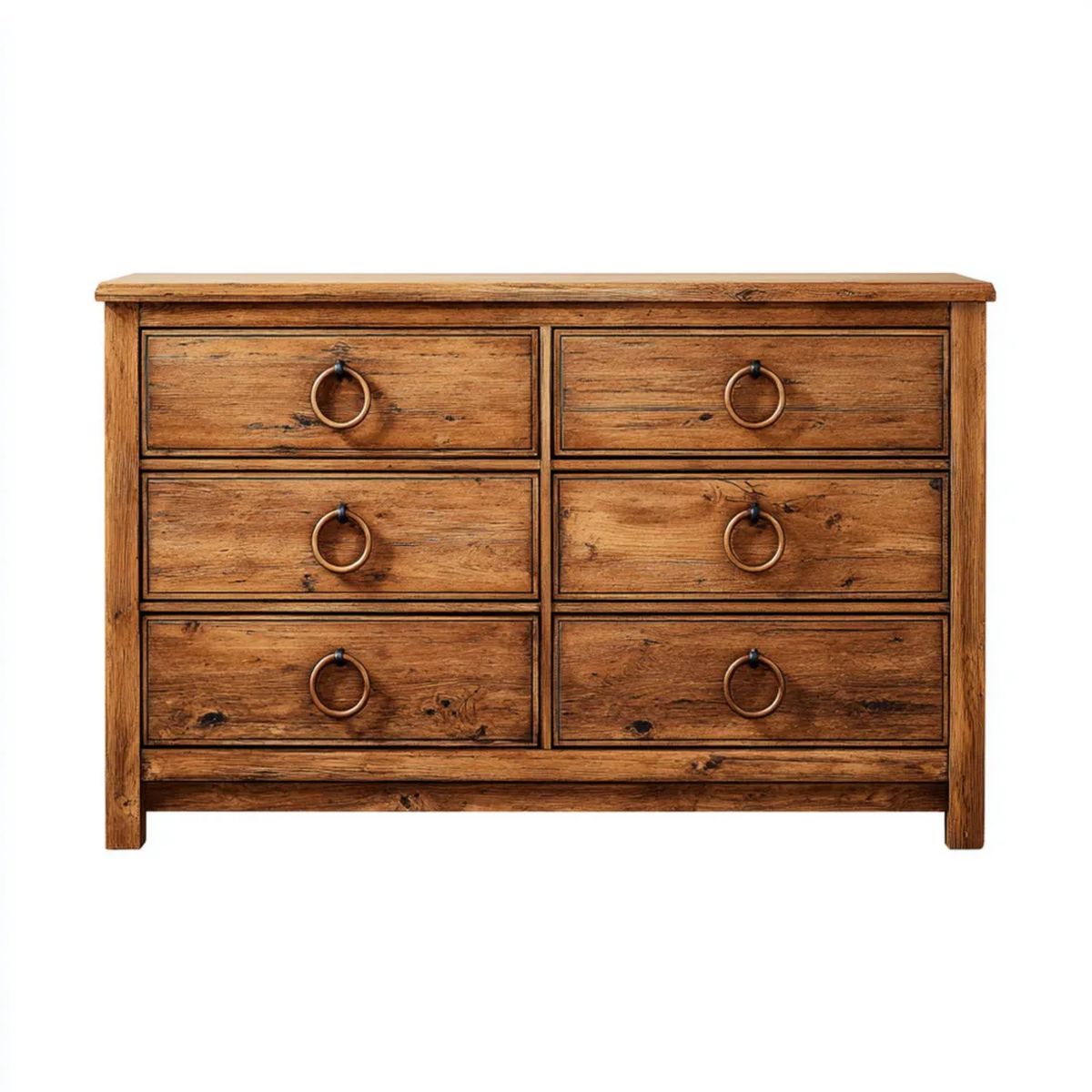 Brązowa drewniana komoda rustykalna z 6 szufladami, 120 × 45 × 90 cm
