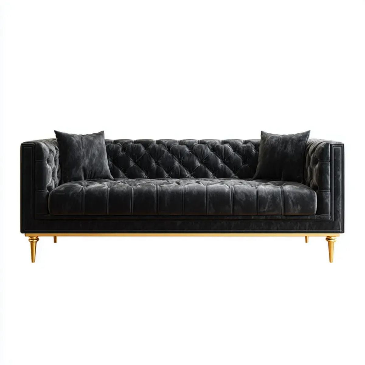 3-osobowa sofa Chesterfield z aksamitu czarna ze złotymi nogami, 228 x 92 x 78 cm