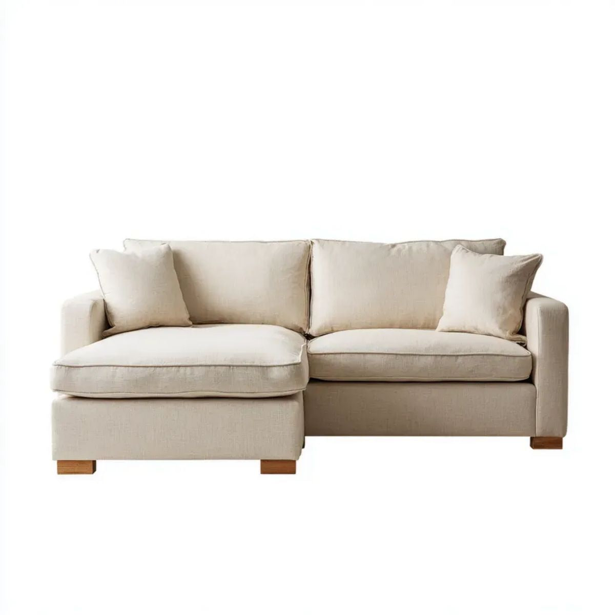 Beżowa sofa narożna z lewostronnym szezlongiem, tkanina poliestrowa, 230 × 150 × 85 cm