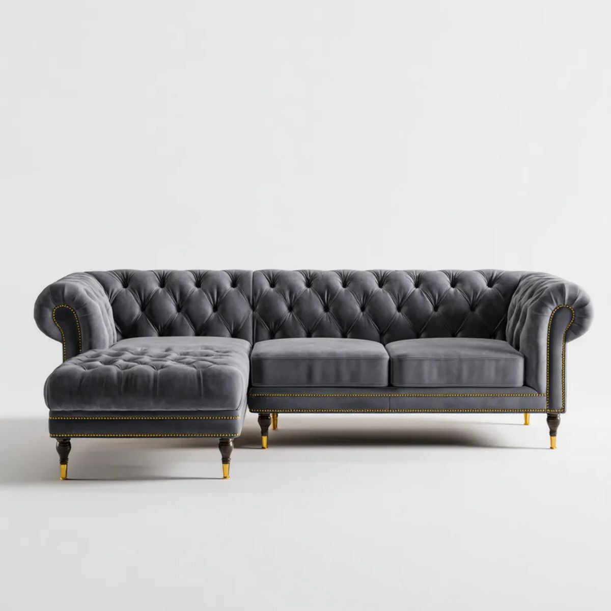 Lewostronna sofa narożna Chesterfield z aksamitu poliestrowego, grafitowo-złota, 275 x 90 x 75 cm
