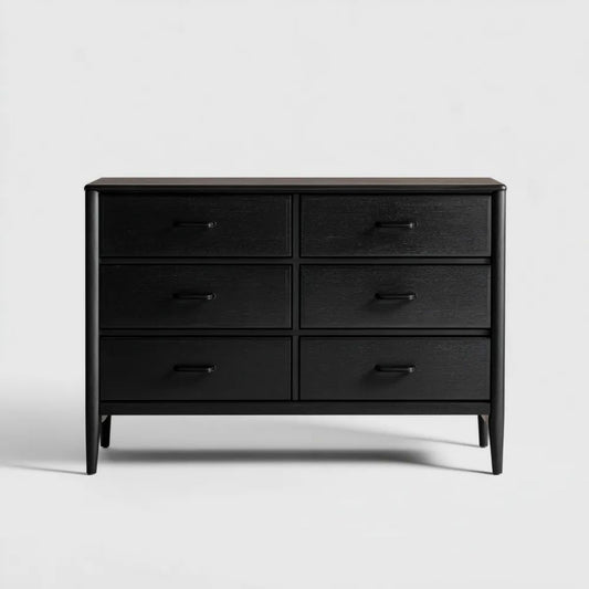 Czarna komoda z 6 szufladami z płyty MDF i drewna kauczukowego, 120 × 45 × 85 cm