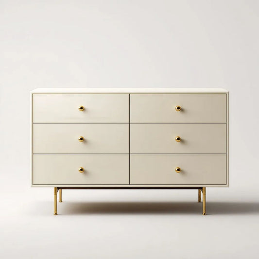 Kremowa komoda sześcioszufladowa z lakierowanej płyty MDF 120 x 40 x 80 cm ze złotymi metalowymi nogami