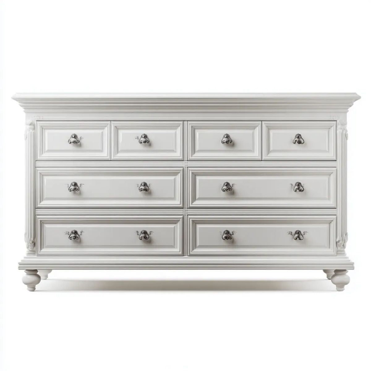 Klasyczna biała komoda z płyty MDF, 8 szuflad, 180 × 50 × 90 cm