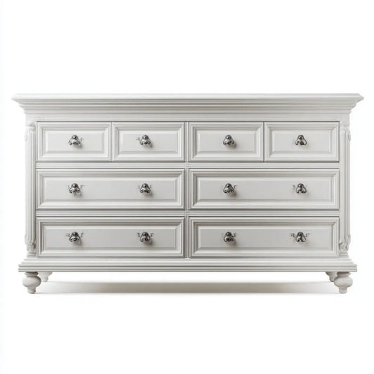Klasyczna biała komoda z płyty MDF, 8 szuflad, 180 × 50 × 90 cm