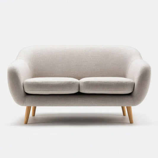 Dwuosobowa sofa z tkaniny, kremowa z naturalnymi drewnianymi nogami, 150 x 82 x 78 cm, zaokrąglona