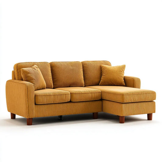 Sofa narożna w kształcie L z prawostronnym szezlongiem, musztardowo-brązowa, ze sztruksu, 250 × 160 × 85 cm