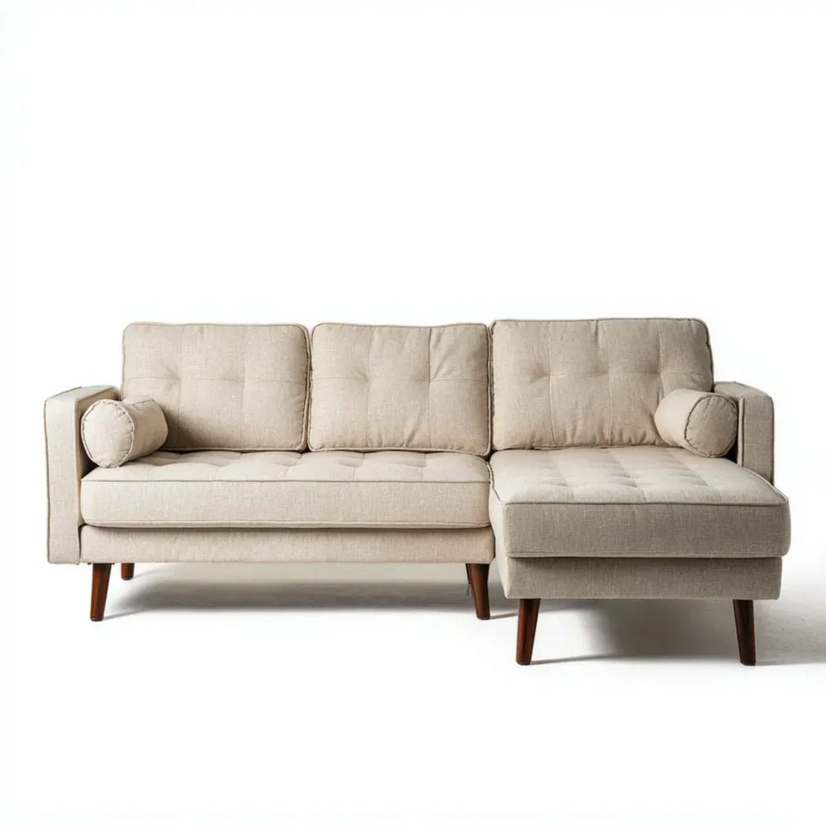 Prawostronna sofa narożna z szezlongiem, tapicerka poliestrowa, beżowa, 230 x 150 x 85 cm