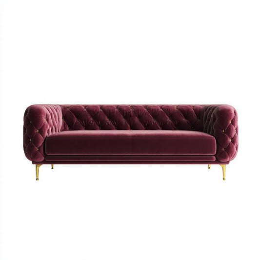 Trzyosobowa sofa z aksamitu bordowo-złota, pikowana, 220 × 90 × 75 cm