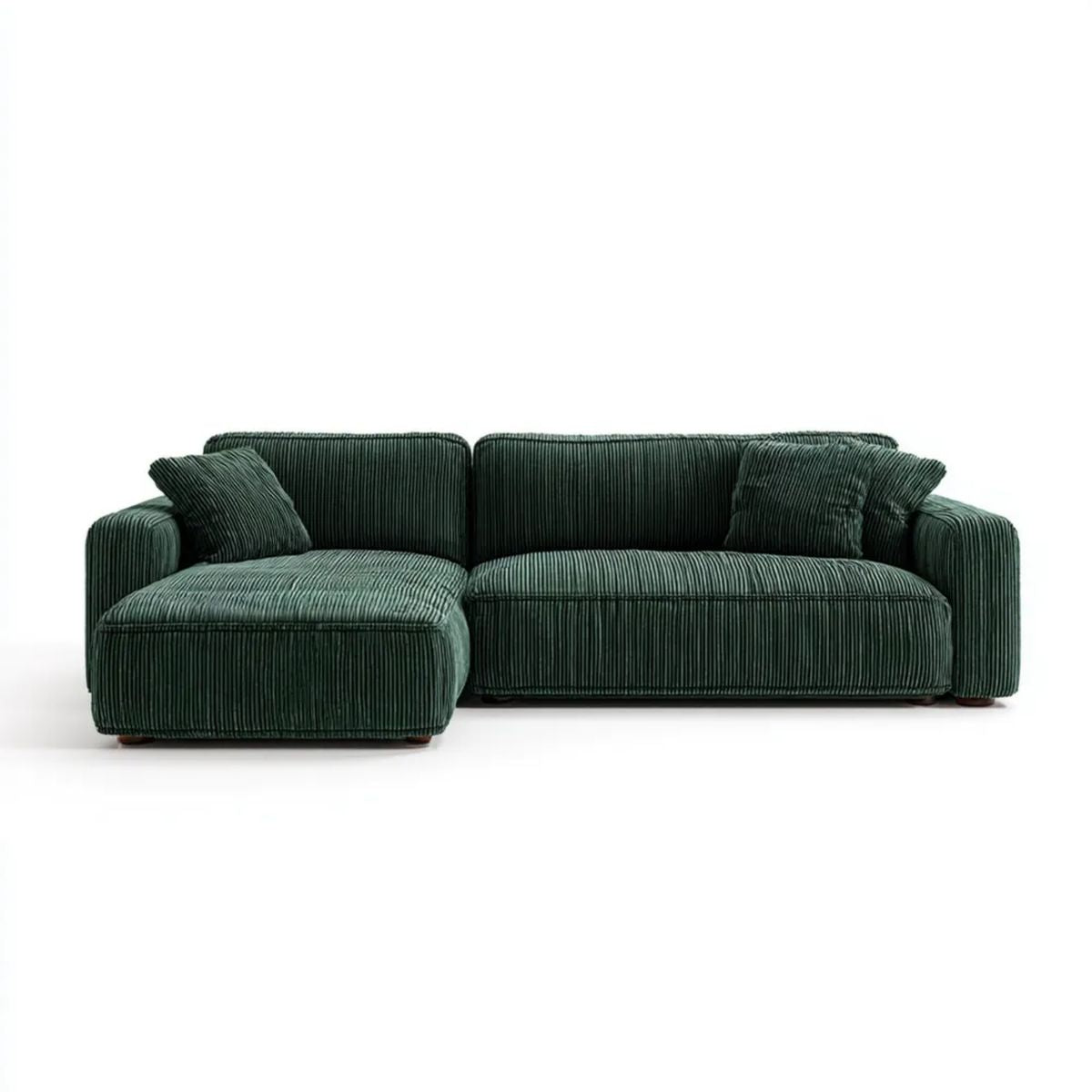 Ciemnozielona sofa narożna z lewostronnym szezlongiem z tkaniny sztruksowej, 250 × 160 × 85 cm