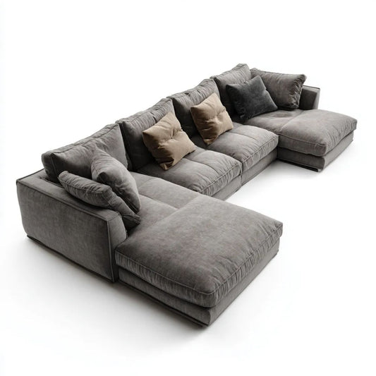 Modułowa sofa narożna w kształcie U z mikrofibry poliestrowej, szara z grafitowymi i beżowymi poduszkami, 330 × 230 cm