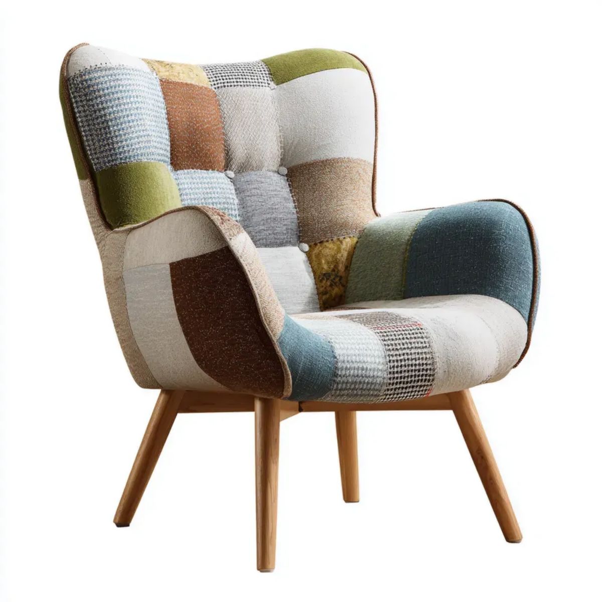 Fotel uszak patchwork wielobarwny z tapicerką poliestrową i drewnianymi nogami, 70 × 75 × 100 cm