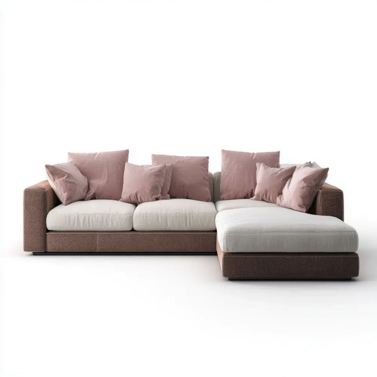 Sofa narożna z prawostronnym szezlongiem z poliestru brązowo-kremowa z różowymi poduszkami 280 x 160 x 85 cm