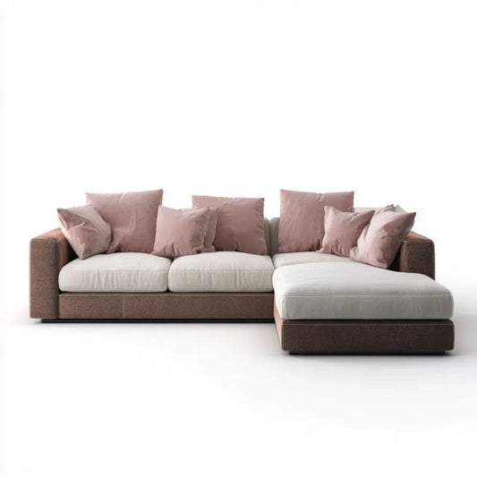 Sofa narożna z prawostronnym szezlongiem z poliestru brązowo-kremowa z różowymi poduszkami 280 x 160 x 85 cm
