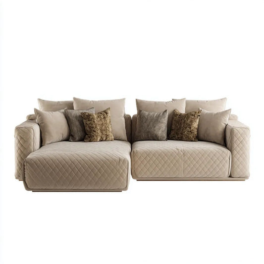 Beżowa sofa modułowa z lewostronnym szezlongiem, pikowana tapicerka poliestrowa, 300 x 170 x 85 cm