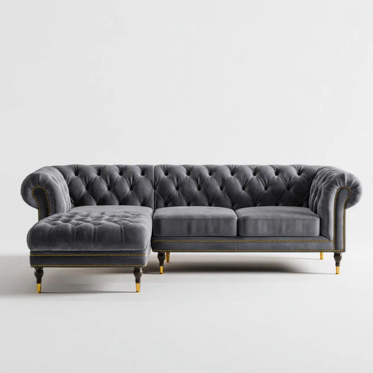 Lewostronna sofa narożna Chesterfield z aksamitu poliestrowego, grafitowo-złota, 275 x 90 x 75 cm