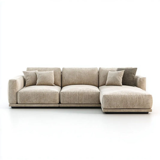 Beżowa sofa narożna 3-osobowa z tkaniny poliestrowej, prawostronna, 300 x 170 x 85 cm, w kształcie L