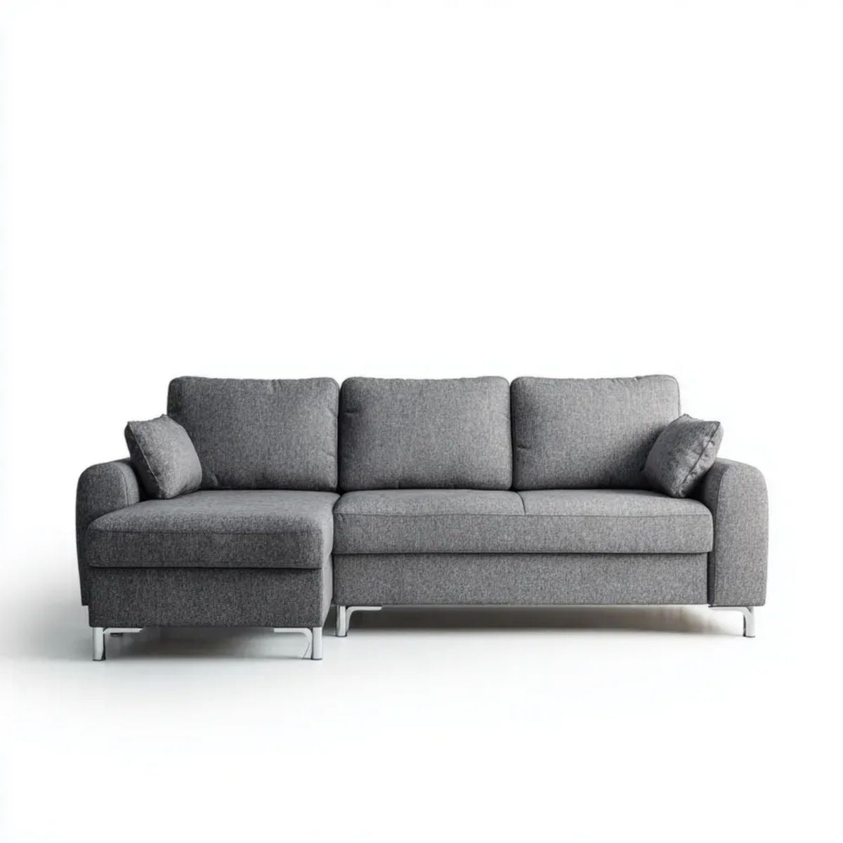 Szara sofa narożna z lewostronnym szezlongiem, tapicerowana tkaniną, 240 x 150 x 85 cm