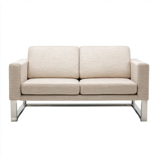 Dwuosobowa sofa beżowa z tapicerką poliestrową i stalową podstawą, 140 x 80 x 82 cm