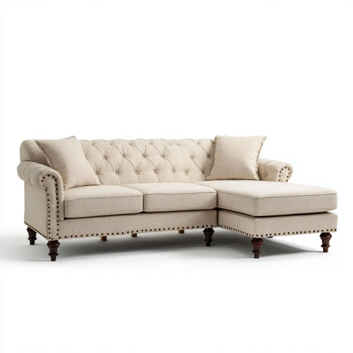 Prawostronna sofa narożna Chesterfield z poliestru, beżowa/ciem­nobrązowa, 260 x 160 x 90 cm
