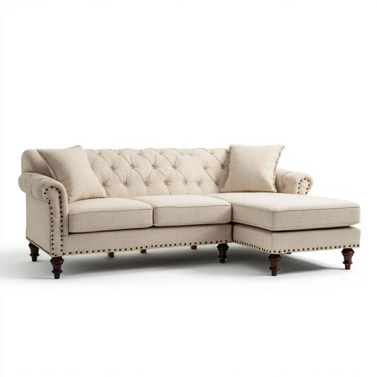 Prawostronna sofa narożna Chesterfield z poliestru, beżowa/ciem­nobrązowa, 260 x 160 x 90 cm